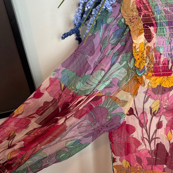 Anthropologie Multicolor Floral Pleated Midi Dress - Pink, Yellow, Purple, Green - Picture 7 of 12